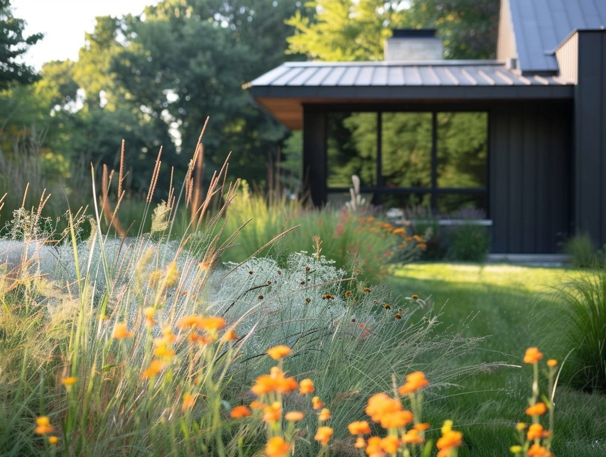 A garden with tall grasses and native flowers