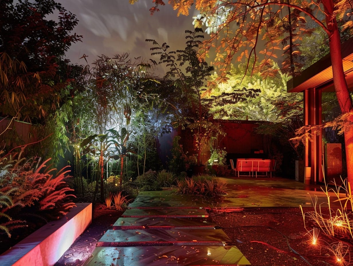 Programmable LED lights used to create a beautiful light show in a garden