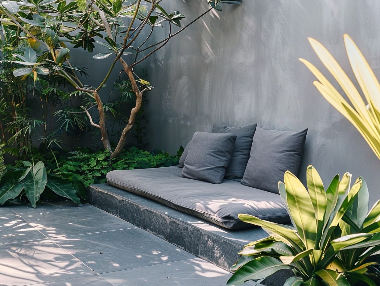 A quiet garden corner with cushions for meditation