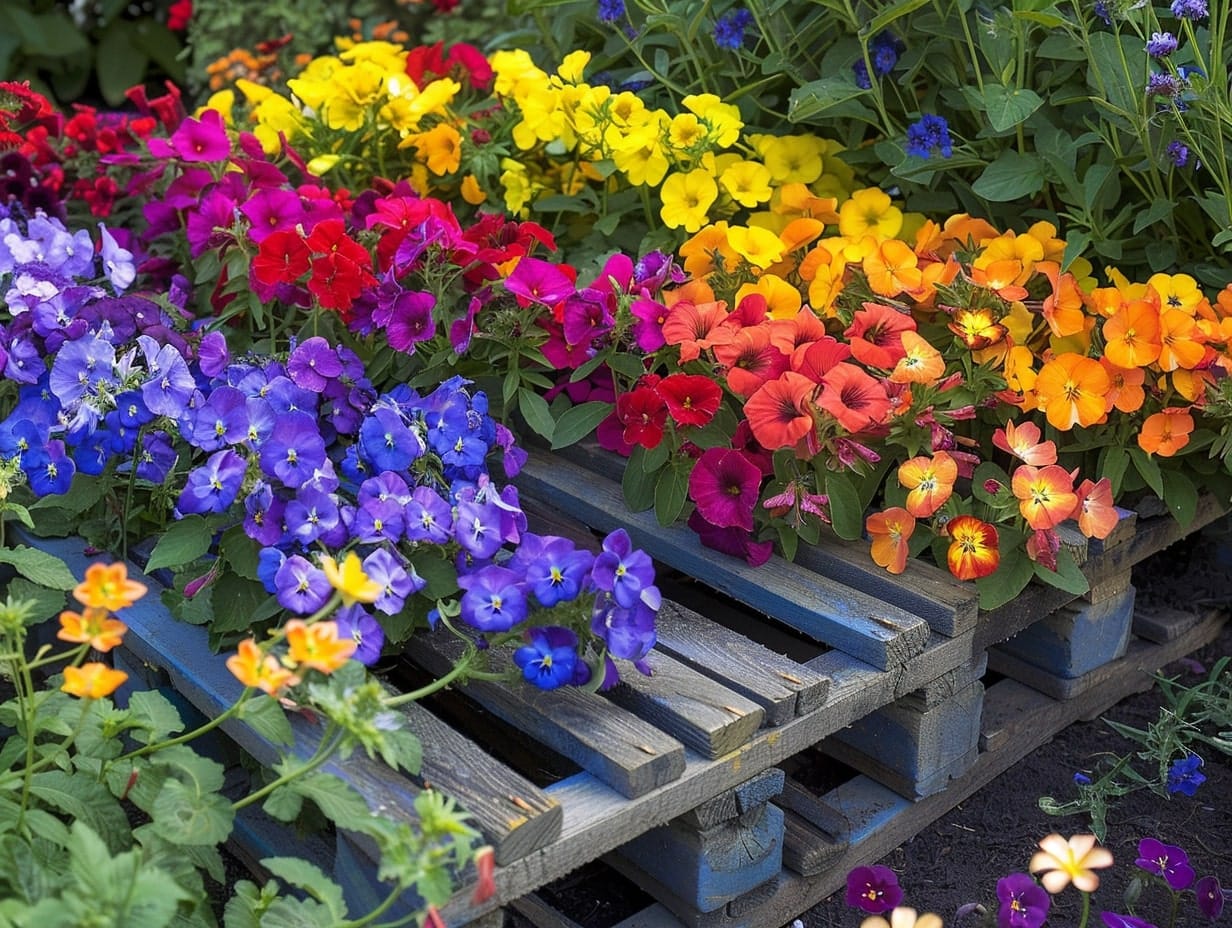 A garden pallet with colorful flowers planted in it