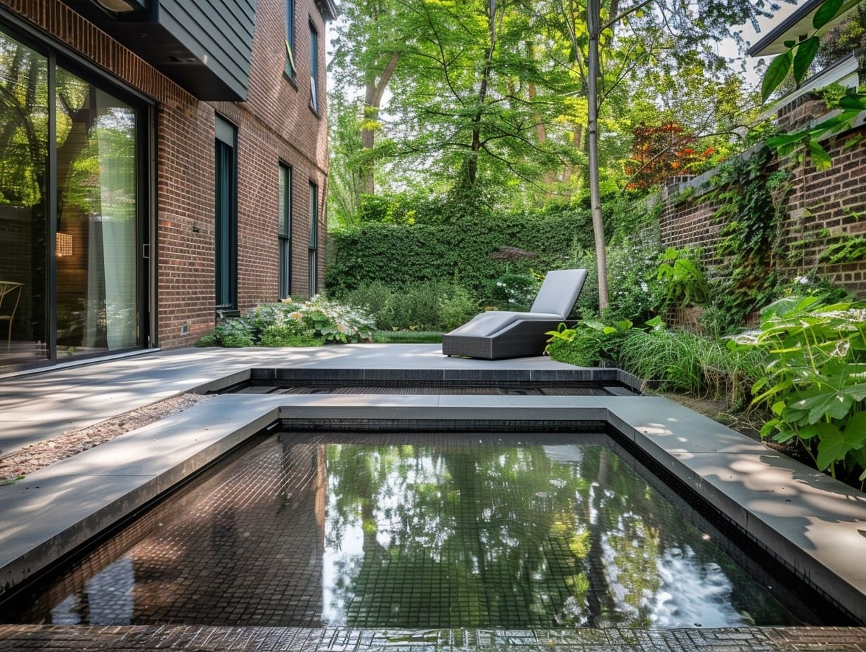 A small reflective pool built in the center of a backyard garden