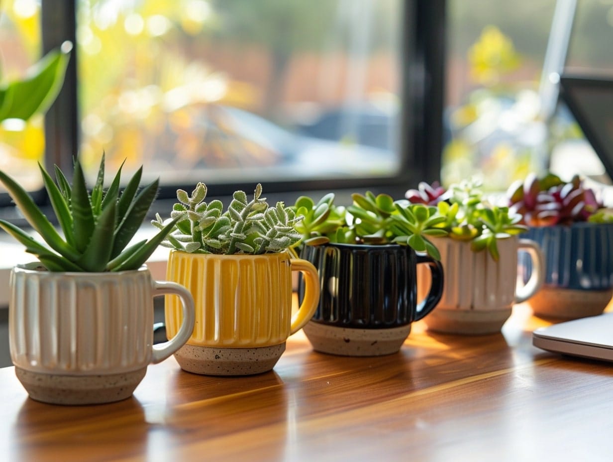 Old cups repurposed as planters on a work desk