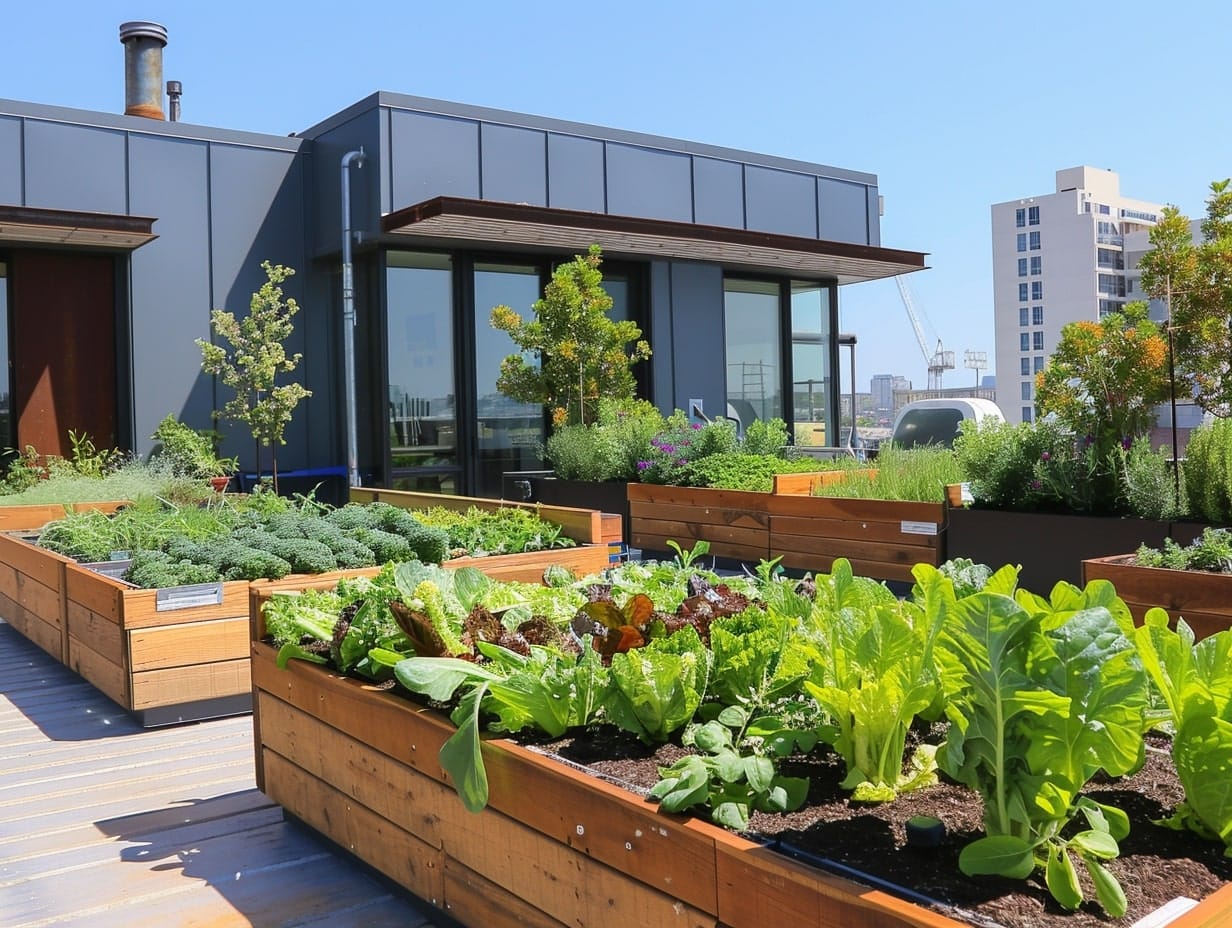 A rooftop garden with multiple pallet vegetable gardens