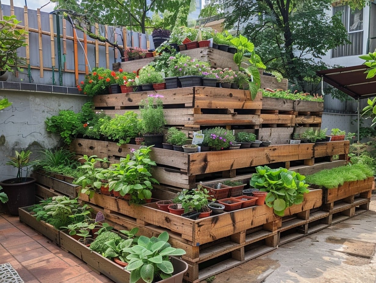 Pallets divided into sections for growing different types of herbs