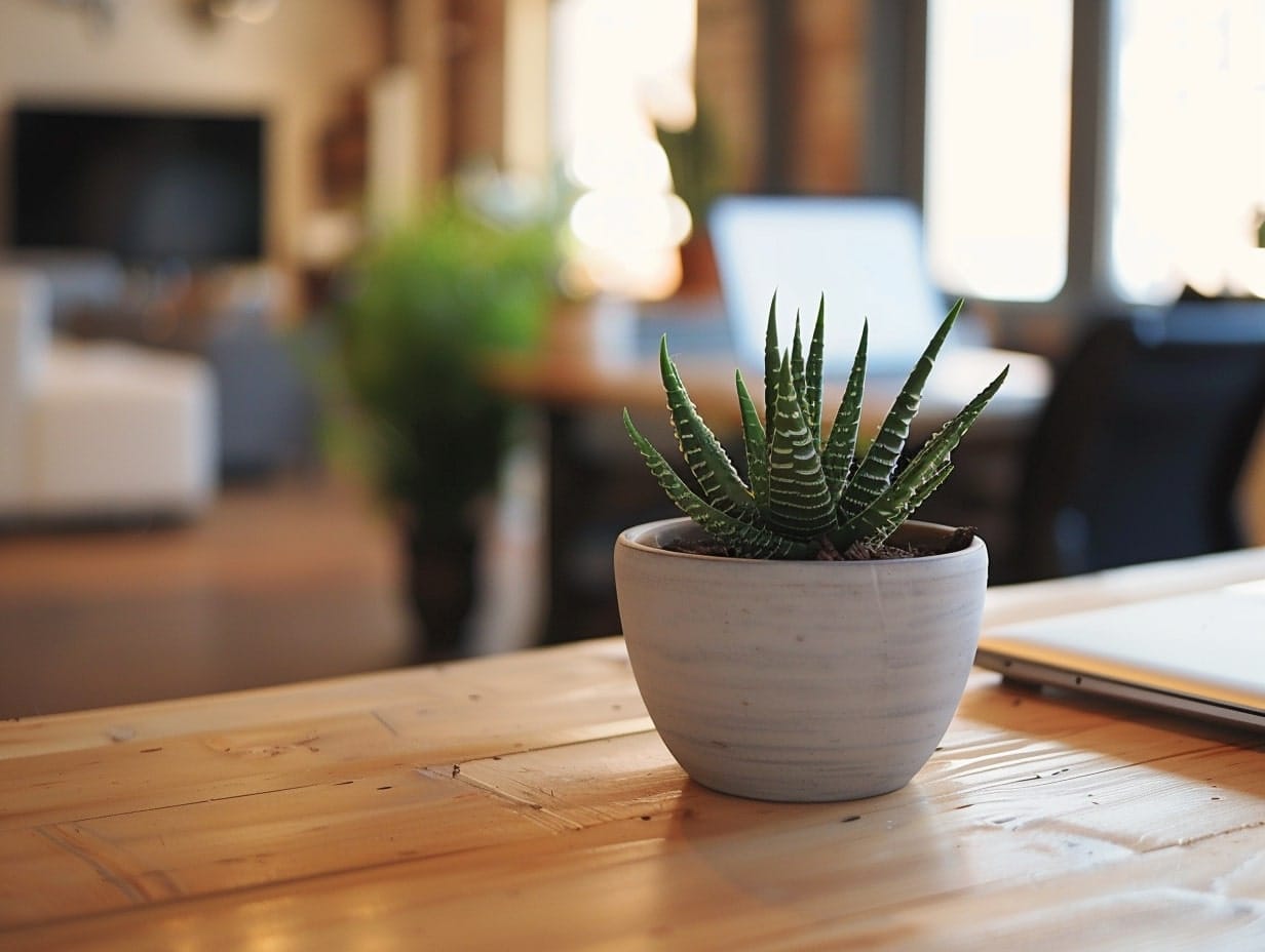 A small indoor plant placed on a home desk