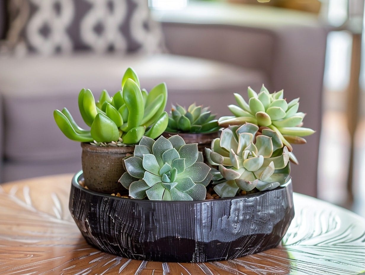 A small succulent arrangement decorating a coffee table