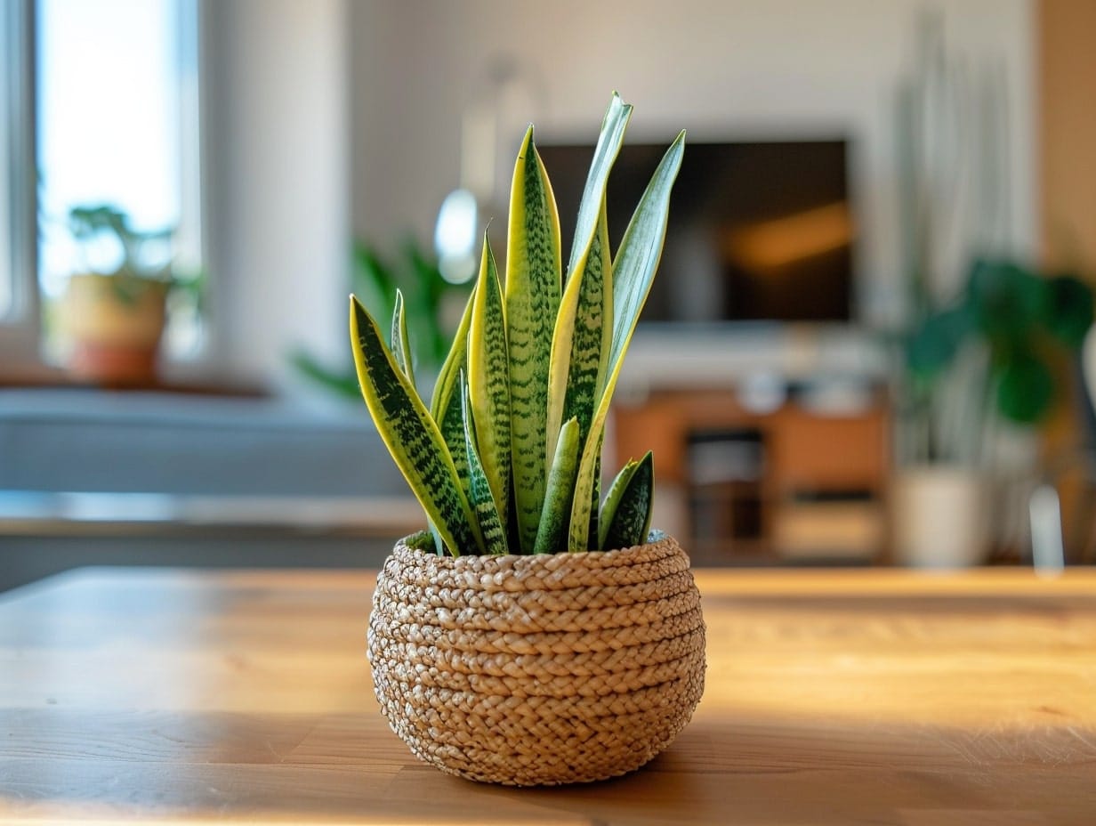 A small snake plant tucked into a beautiful woven basket