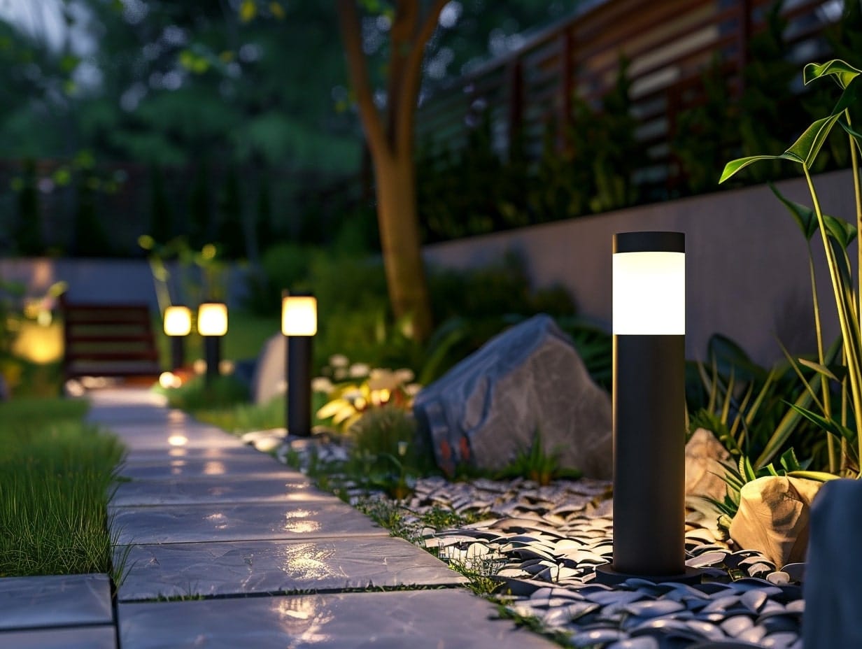 Solar bollard lights installed along a garden pathway 