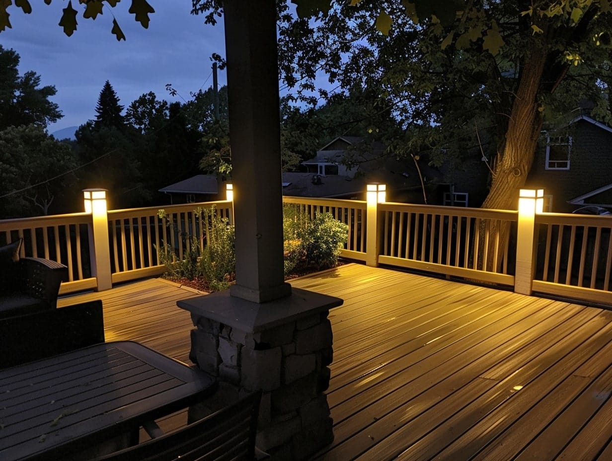 Solar deck post lights glowing in the evening