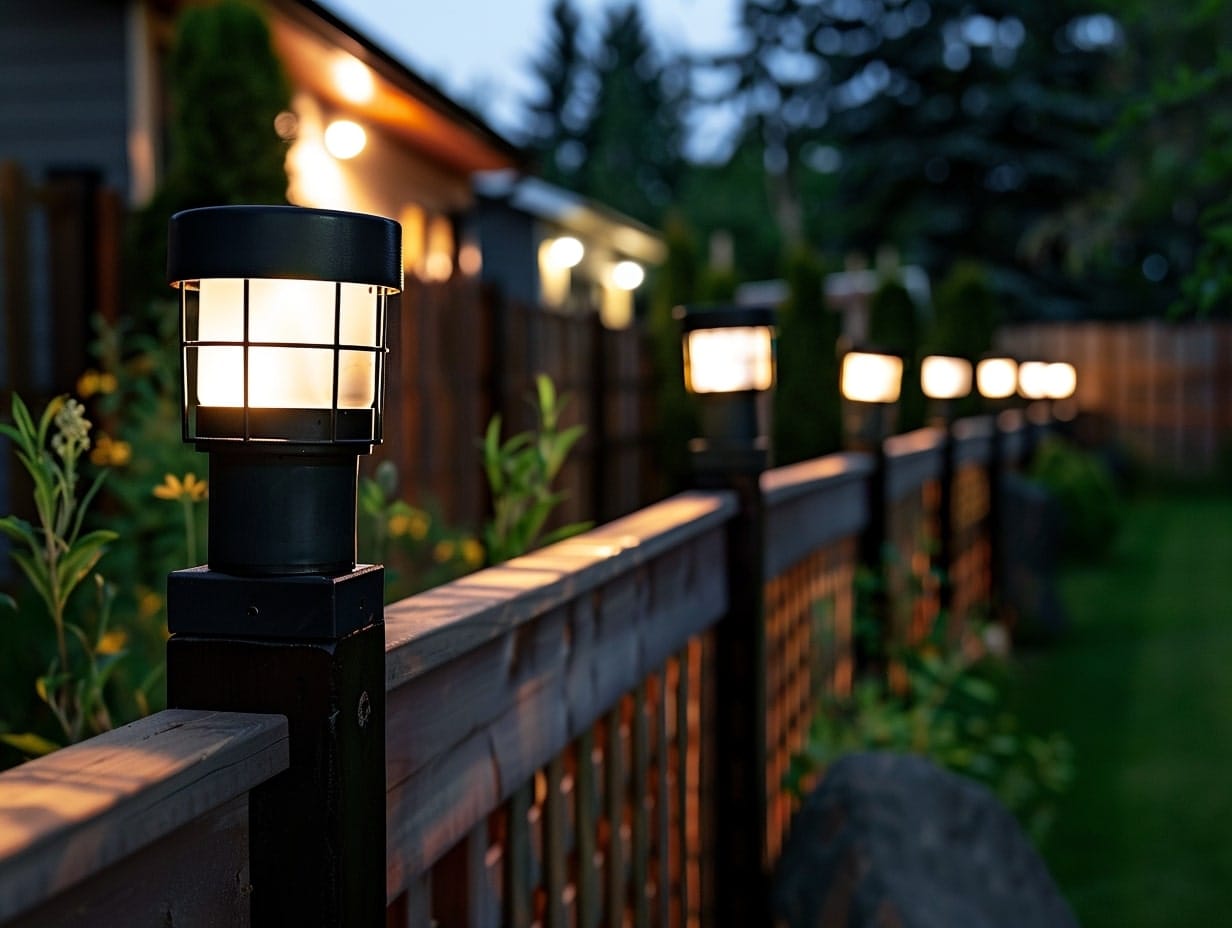 Solar fence lights installed on garden fences for security at night