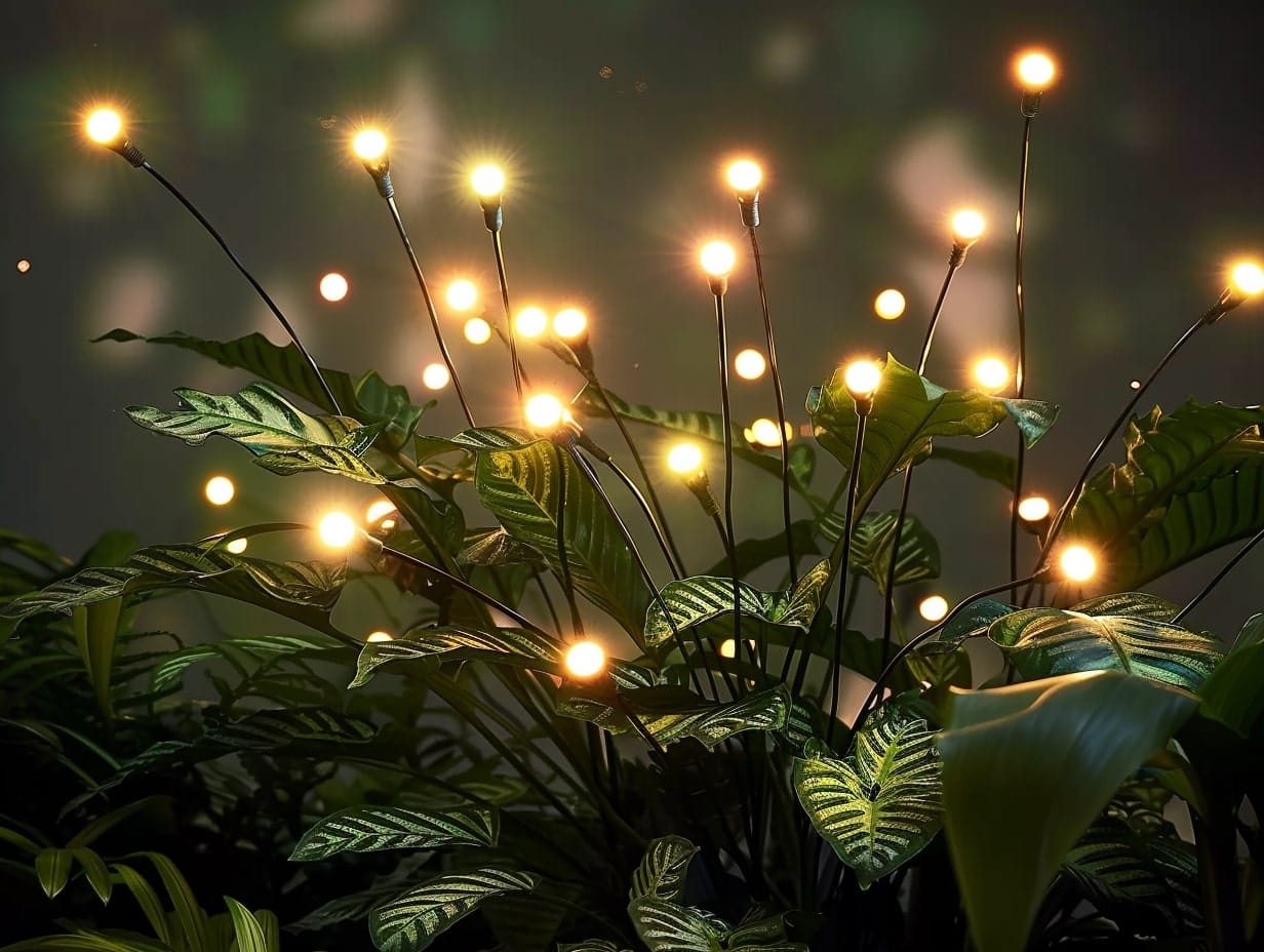 Solar firefly lights installed amid garden bushes