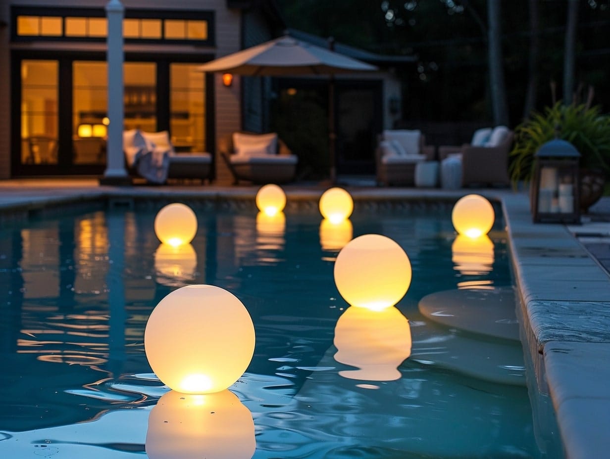 Solar floating pool lights glowing after sunset