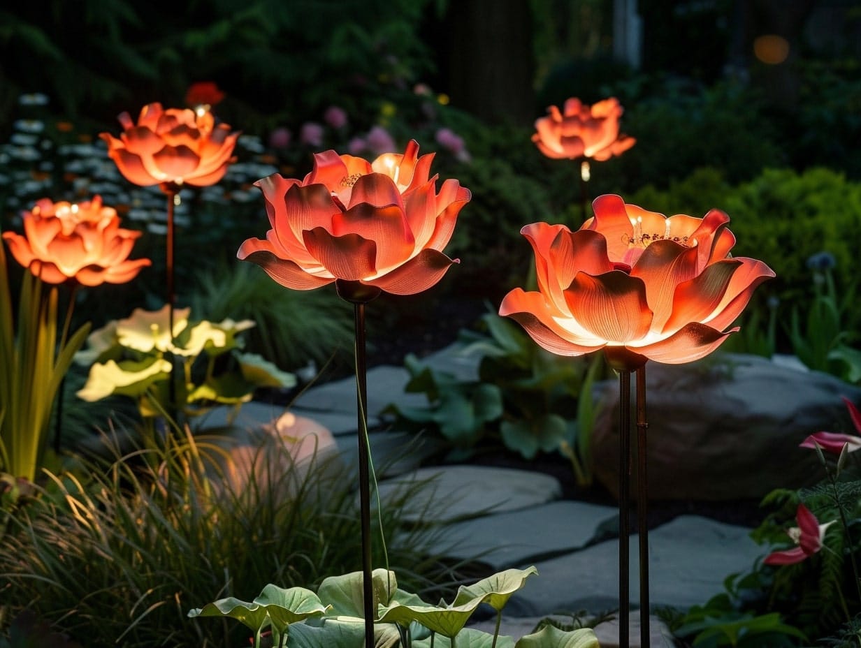 Solar flower garden lights installed in a garden