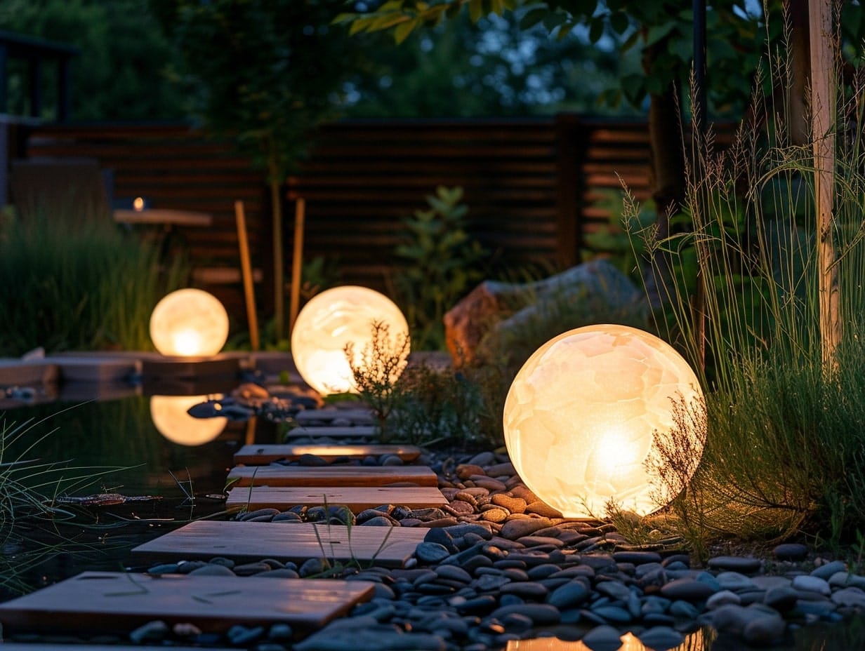 Solar garden lights illuminating a garden at night