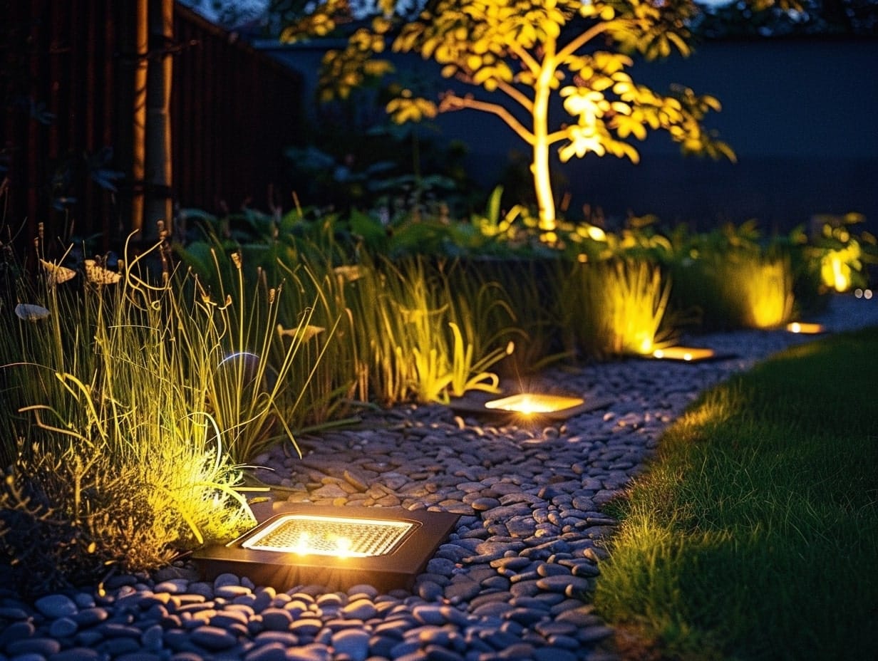 In-ground solar lights embedded in a rocky garden bed