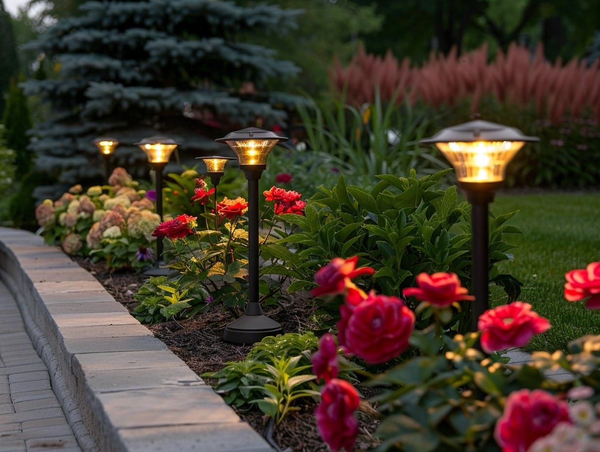 Solar lights installed in a raised flower bed