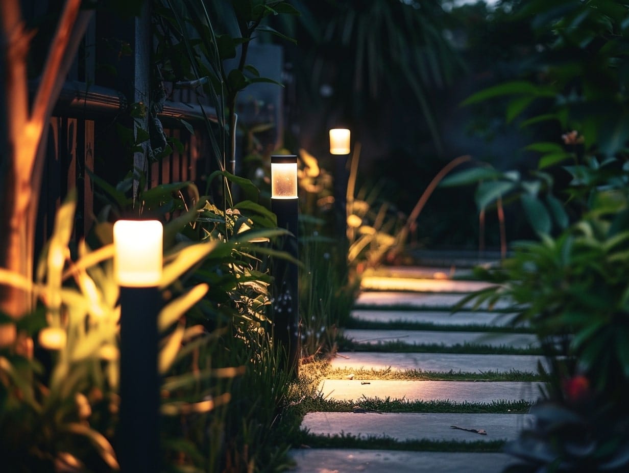 A garden pathway lined with solar lights