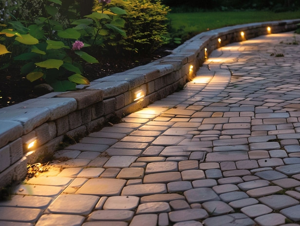 Solar paver lights embedded in a garden boundary