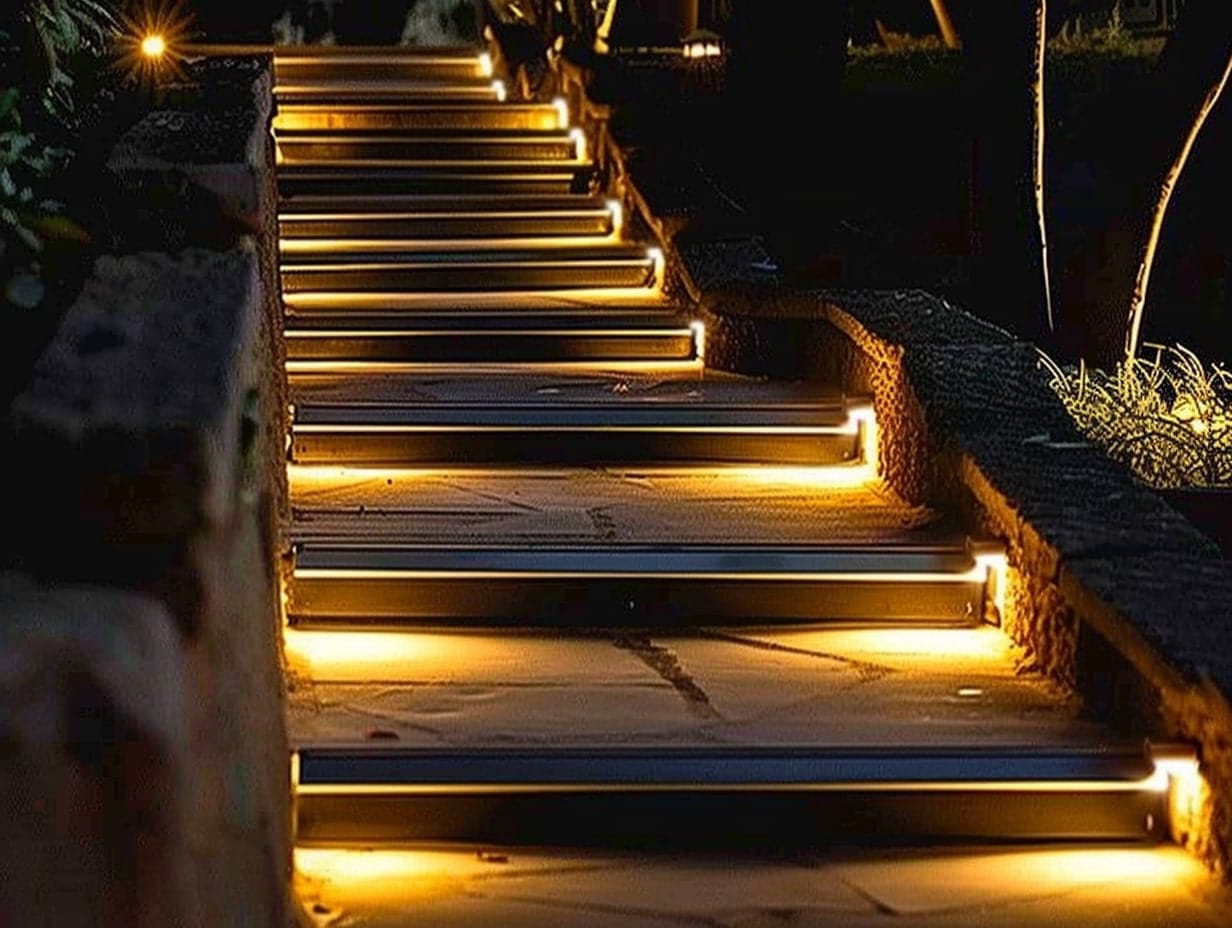 Solar step lights installed along a garden staircase for nighttime security