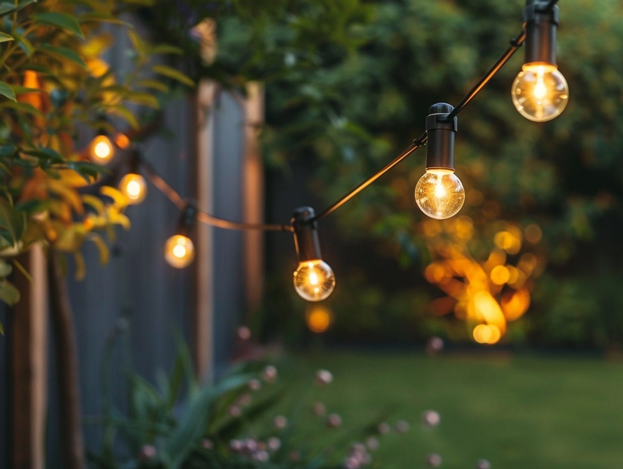 Solar string lights hanging in a garden