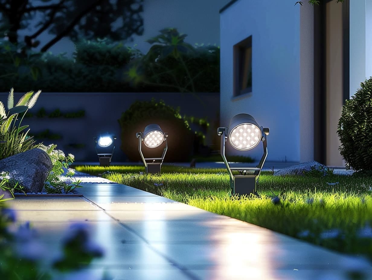 Adjustable solar spotlights in a garden