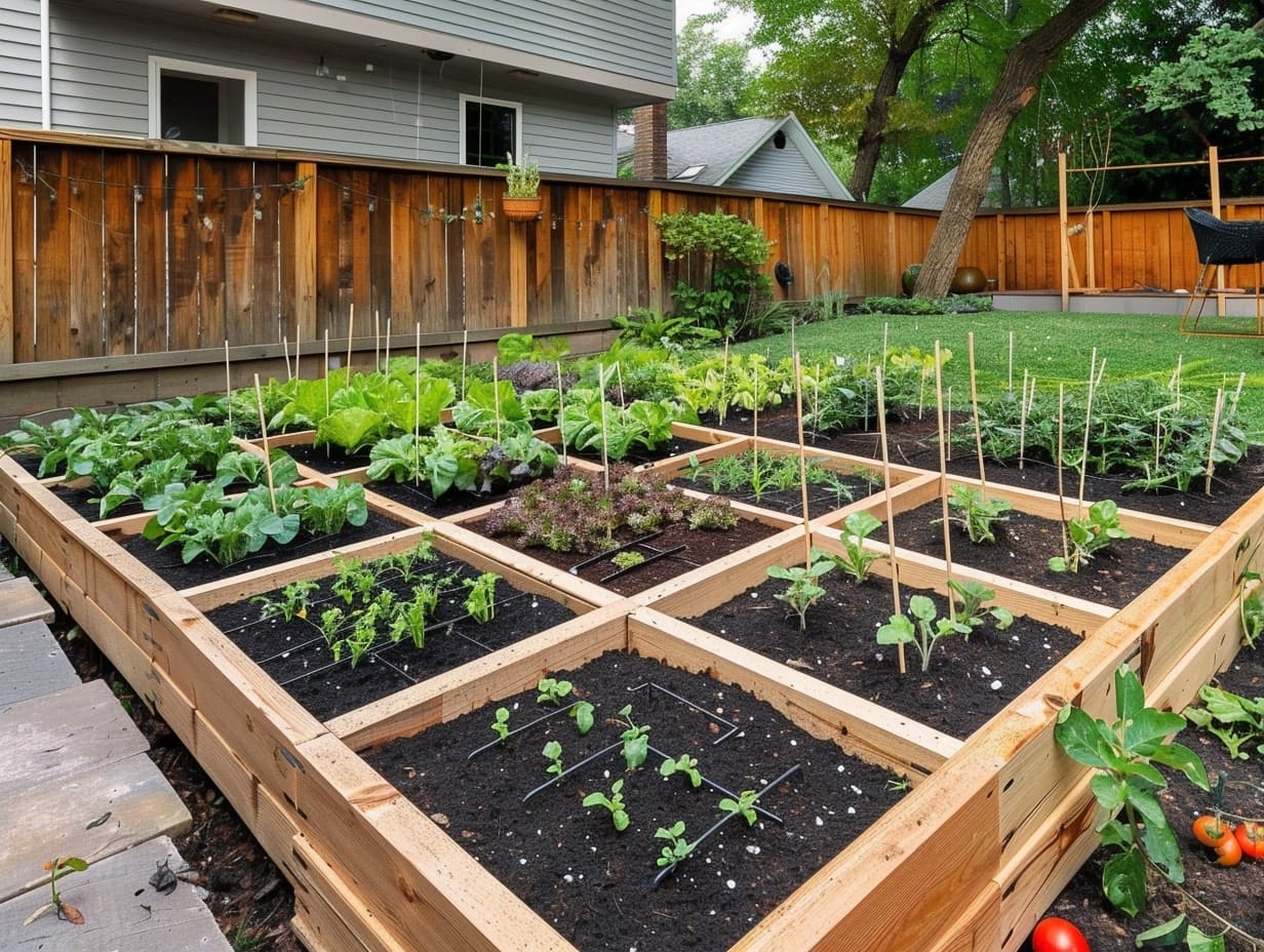 Square foot gardening in a yard