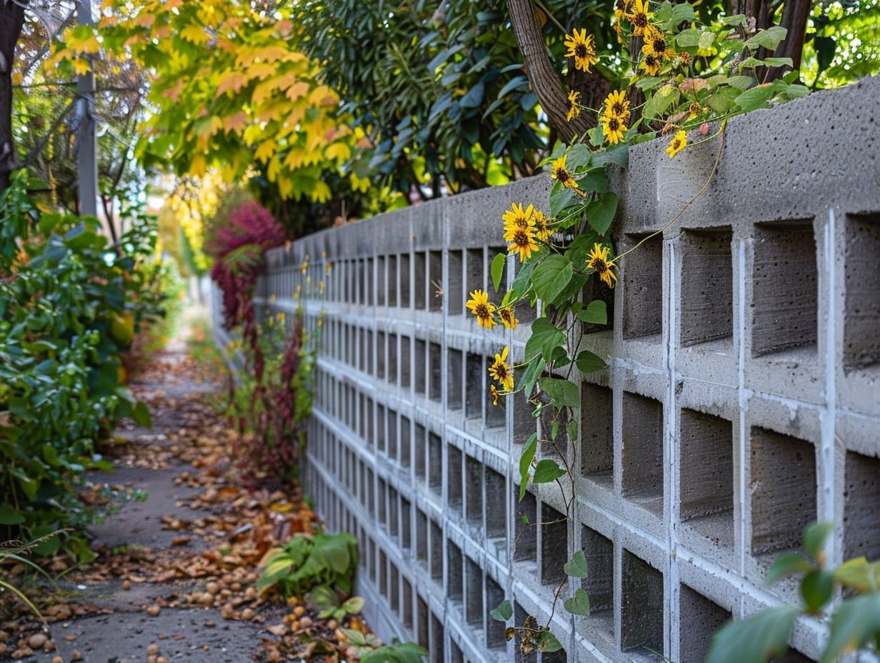 Cinder blocks stacked to create a garden fence