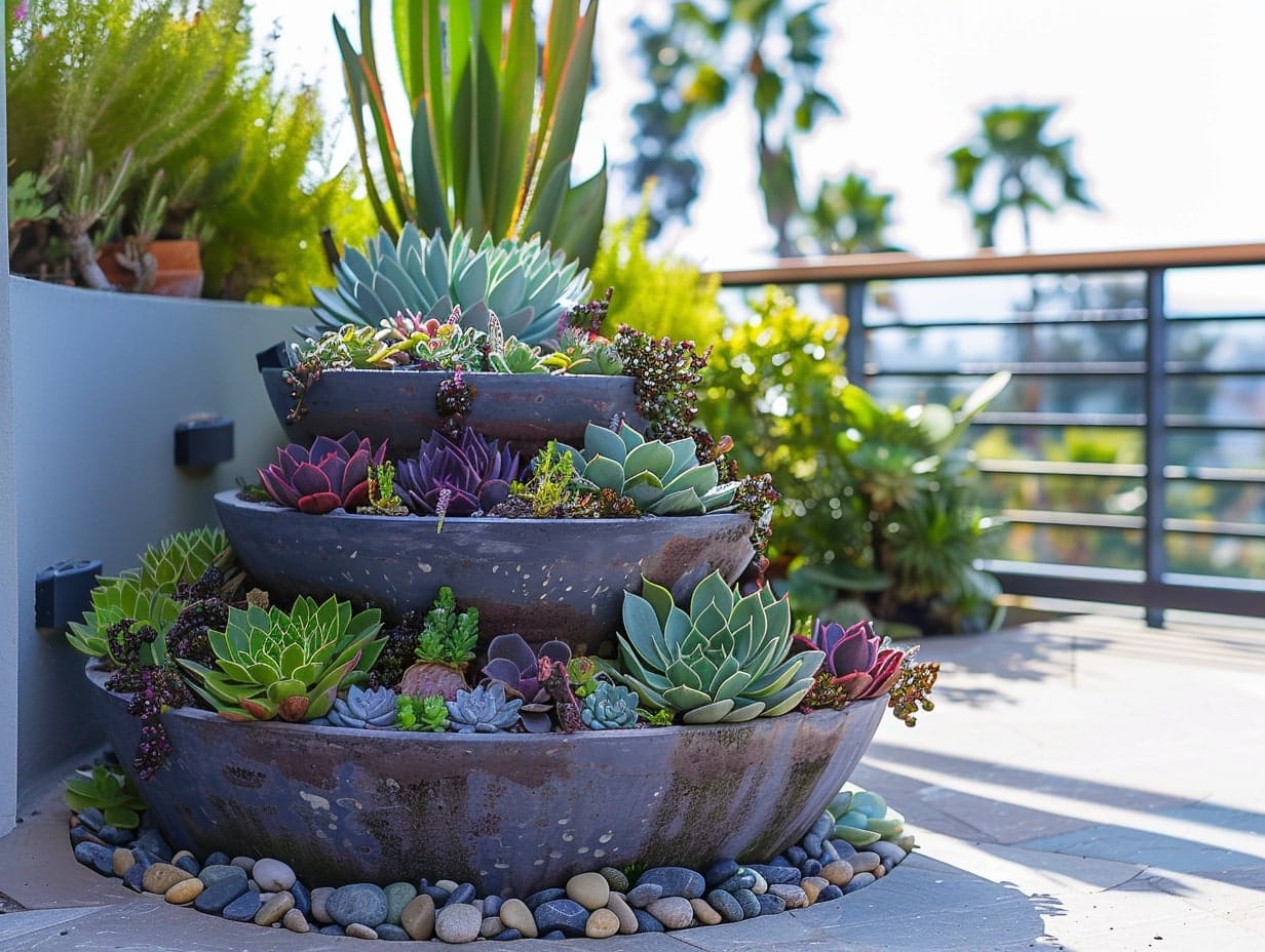 A tiered succulent garden on a terrace