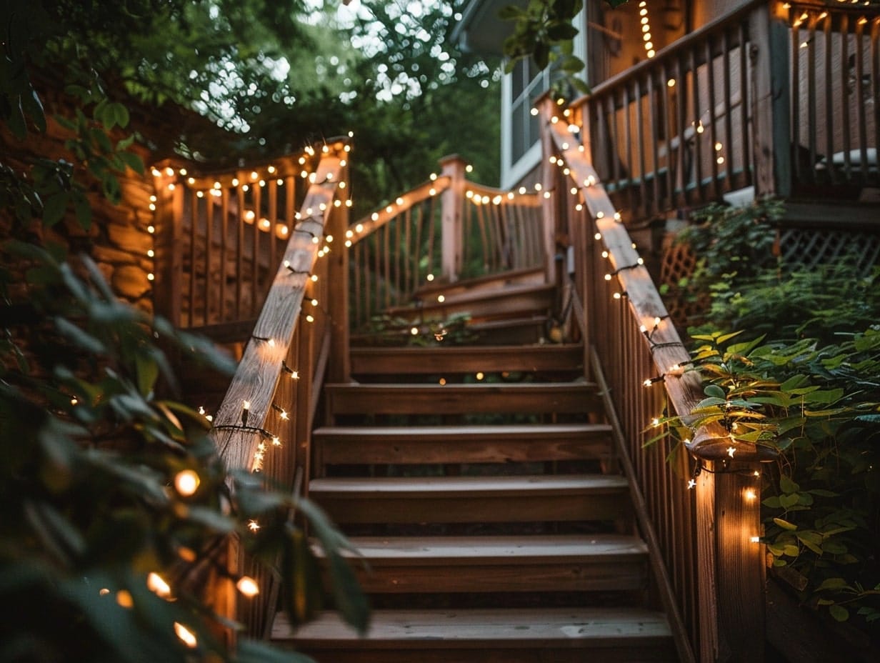 String lights wrapped around staircase railings
