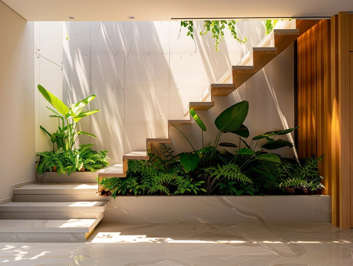 Space under a staircase decorated with plants