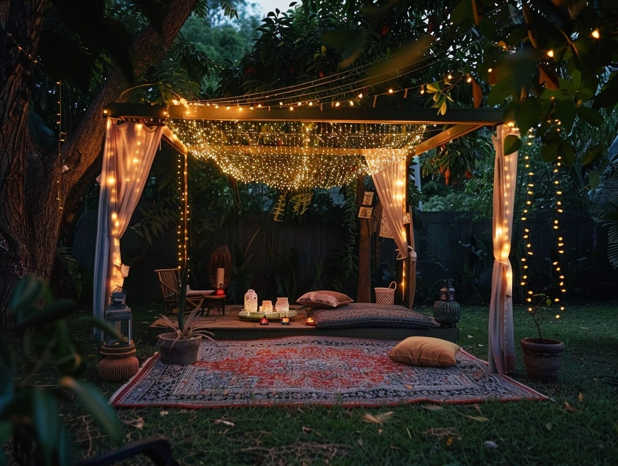 A serene meditation setting in a garden decorated with fairy lights
