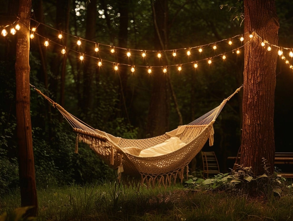String lights hanging above a hammock in the garden