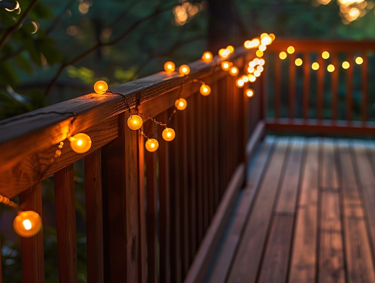 Bulb string lights wrapped around railings of a deck