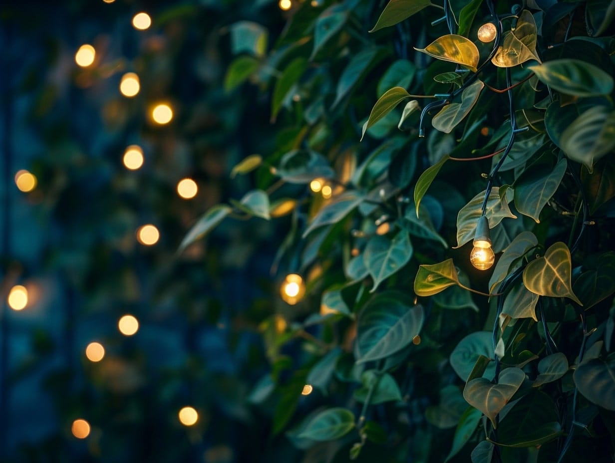 String lights wrapped around garden vines