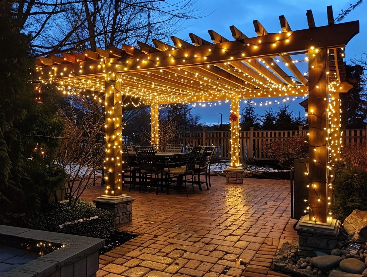 String lights wrapped around pergola beams and lattices