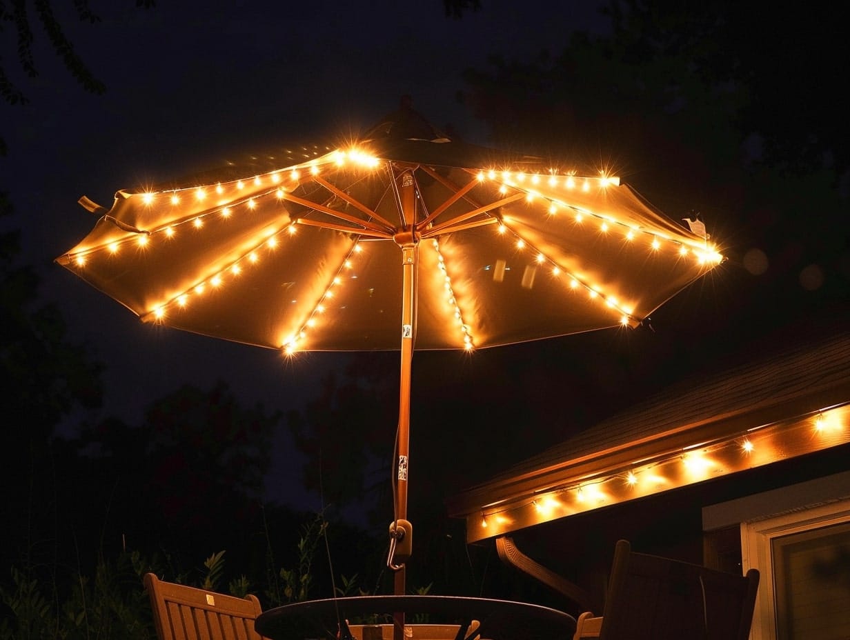 A patio umbrella decorated with string lights