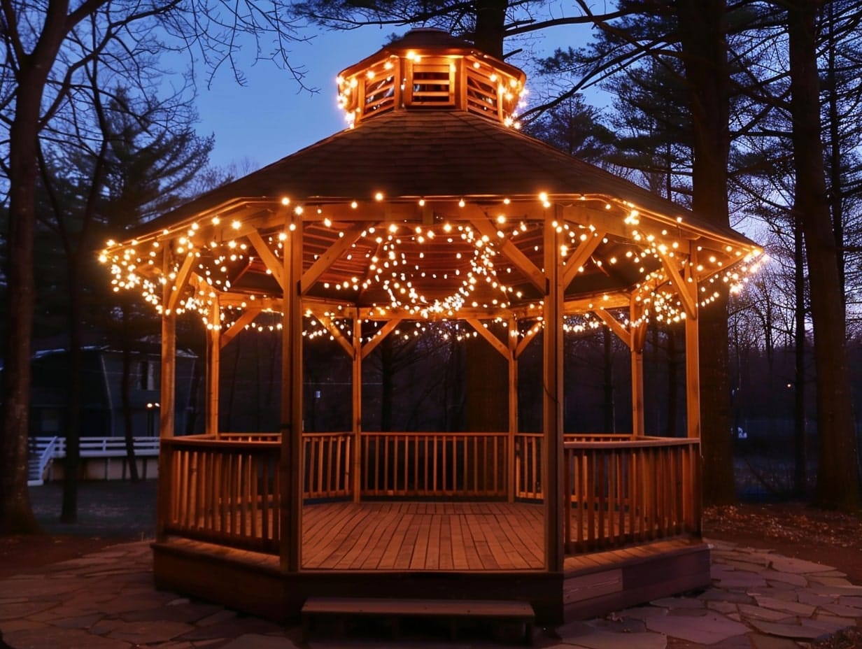 String lights hanging from the roof of a gazebo