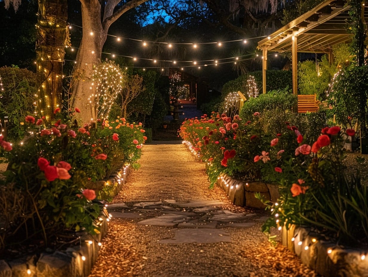 String lights used to illuminate raised flower beds in a garden