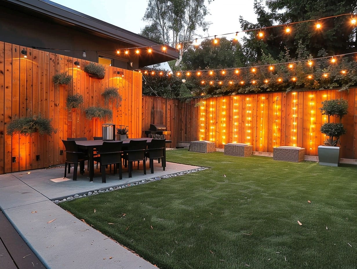 String lights hanging from backyard walls for a curtain effect