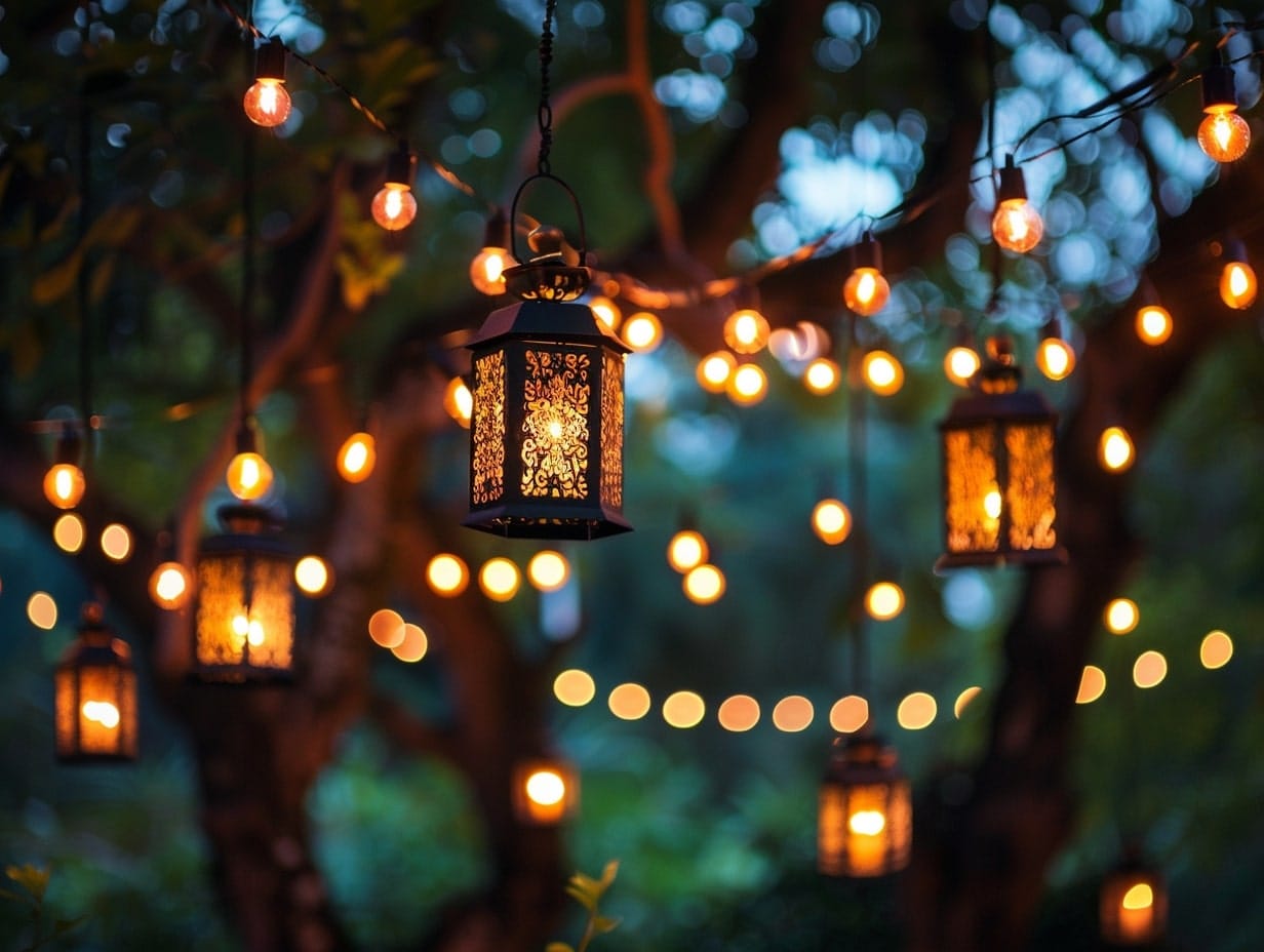 String lights with lanterns hanging in a garden