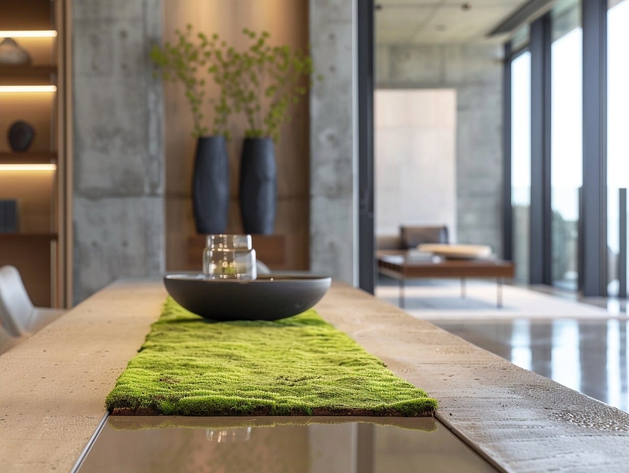 A strip of moss decorating a dining table