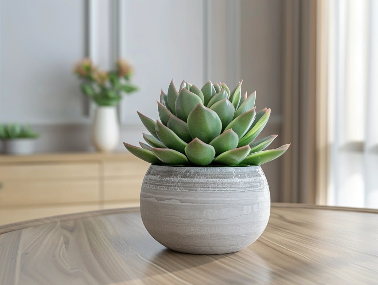 A succulent pot placed in the center of a dining table