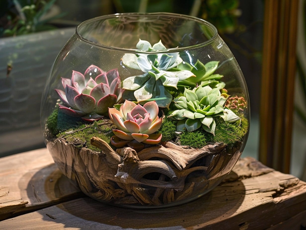 Succulents inside a glass container placed on a wooden block