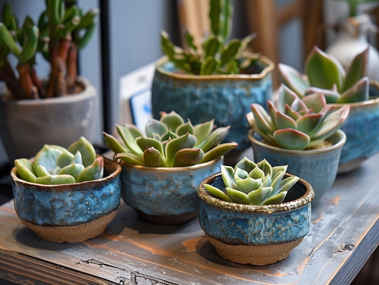 Several small succulent ceramic points on a coffee