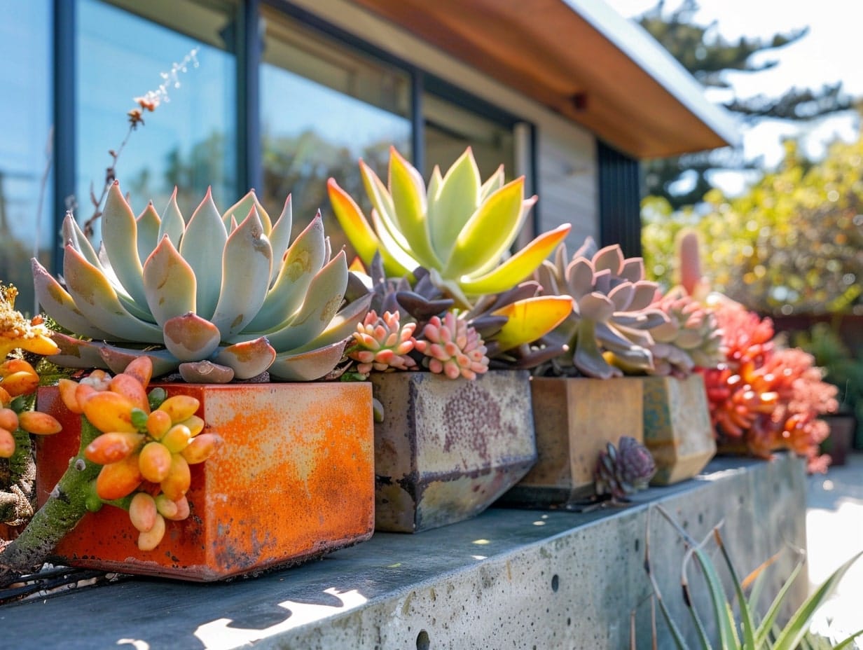 Succulents planted in upcycled containers