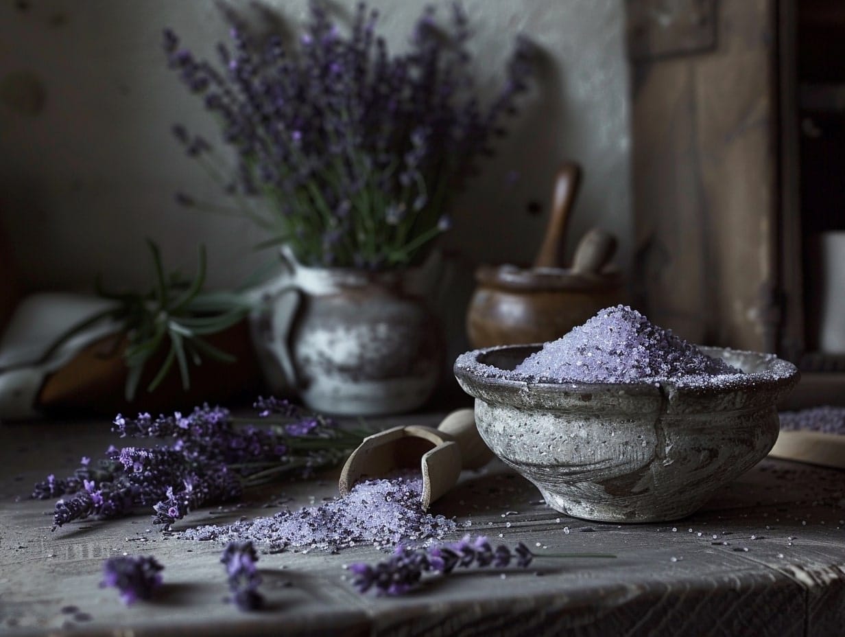 A bowl of lavender sugar and lavender plant in the background