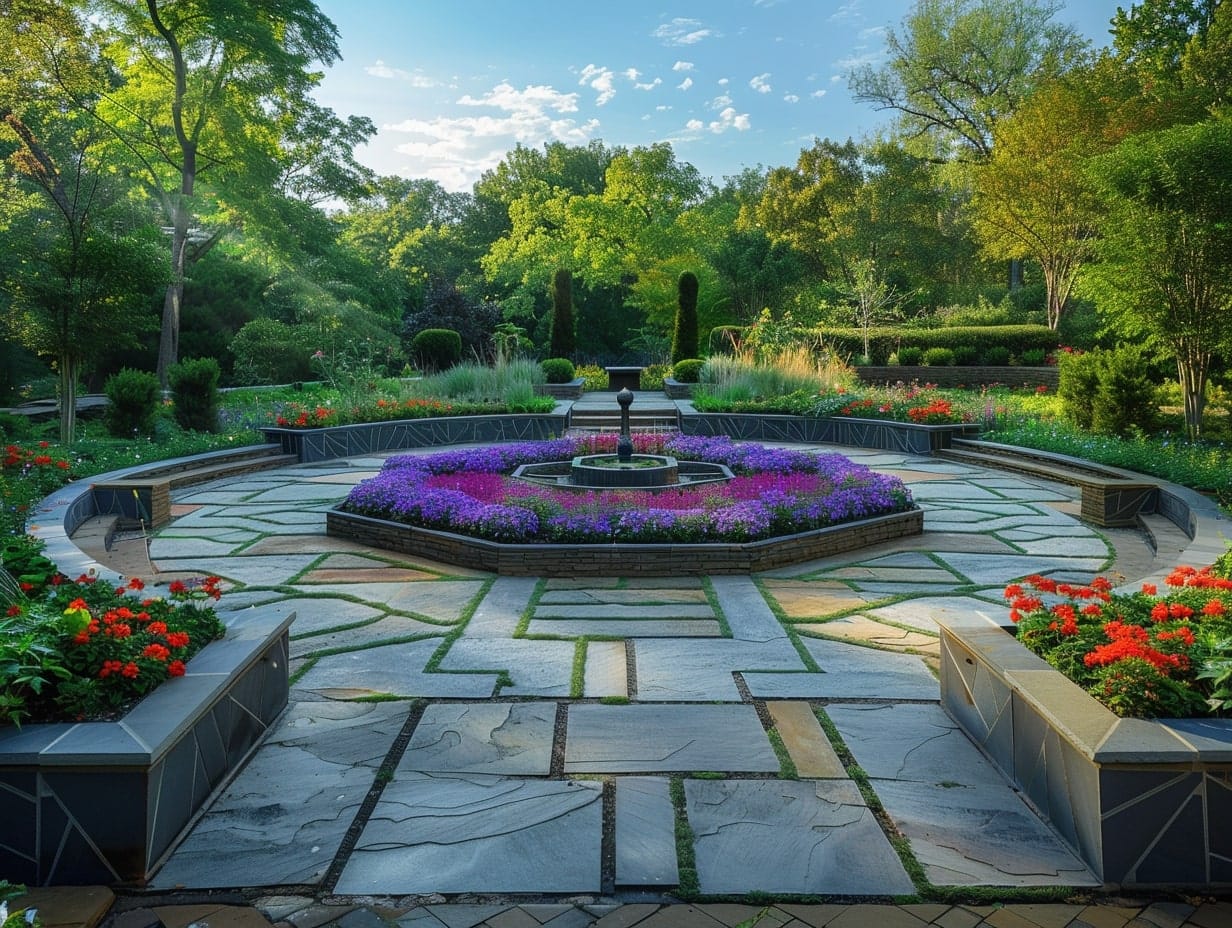 Geometric flower beds used to create symmetrical design in a garden