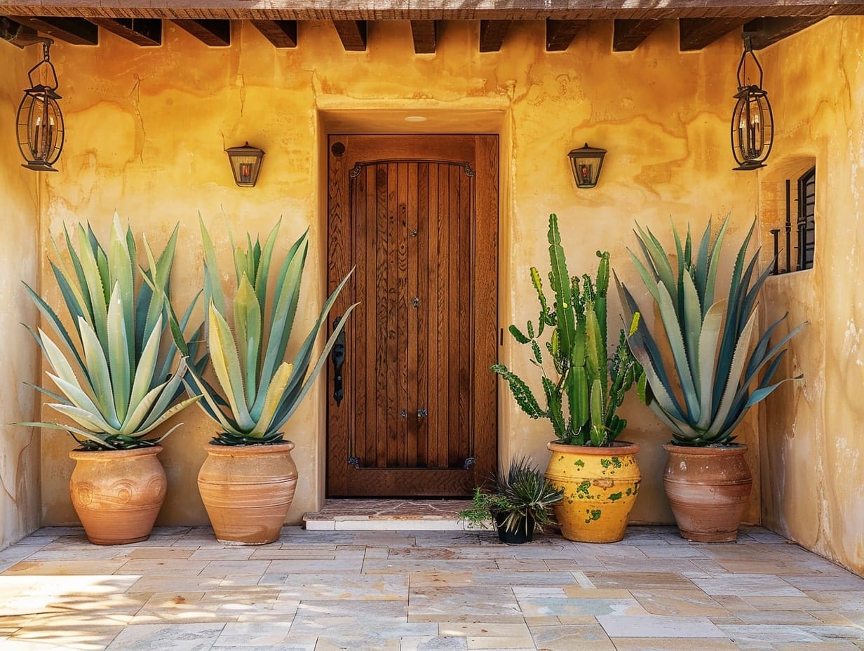 A house's entryway decorated with tall succulent plants