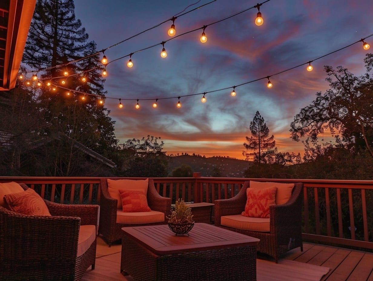 Bulb string lights hanging over a terrace seating area