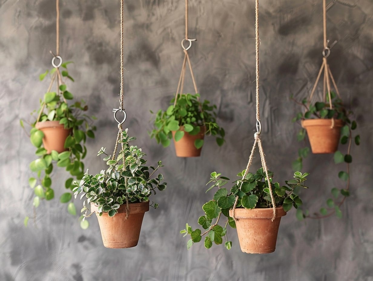 Terracotta pots used for hanging plants inside a home